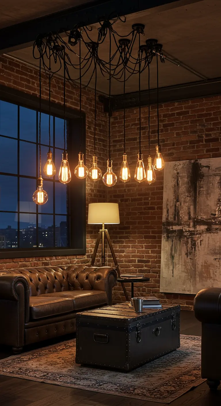 Suspension industrielle avec de multiples ampoules nues dans un salon loft.