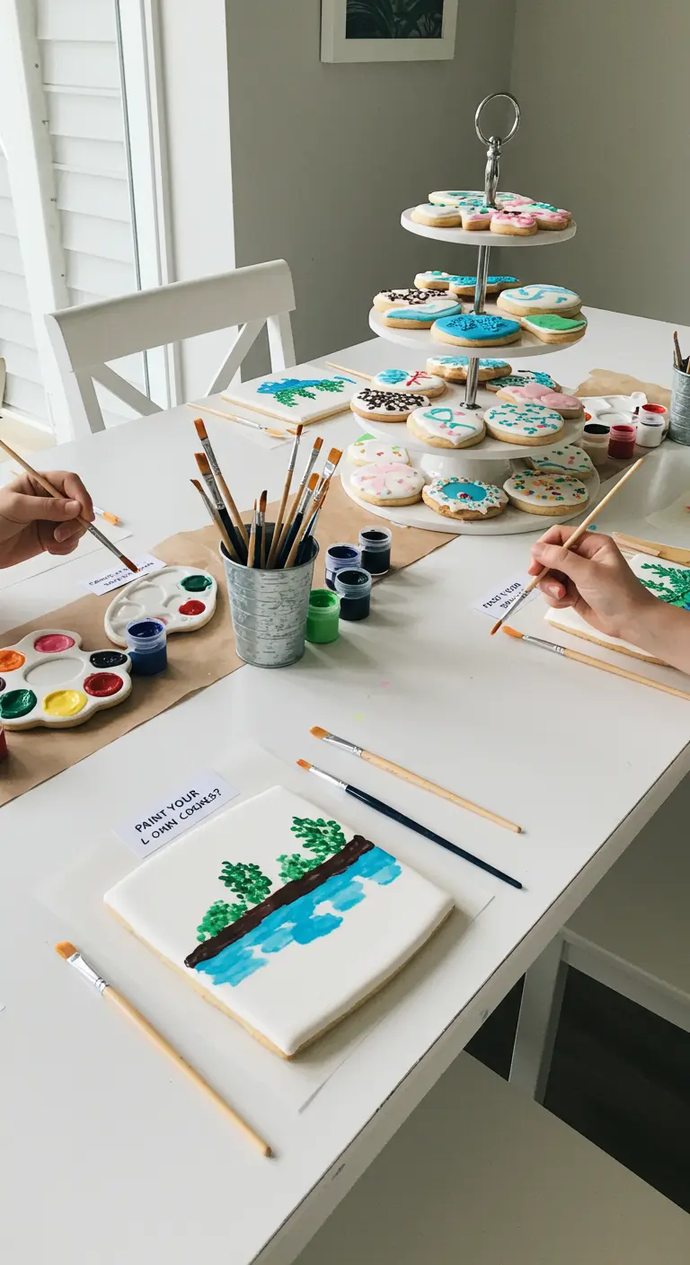 Atelier de peinture sur biscuits avec des palettes de peinture comestible.