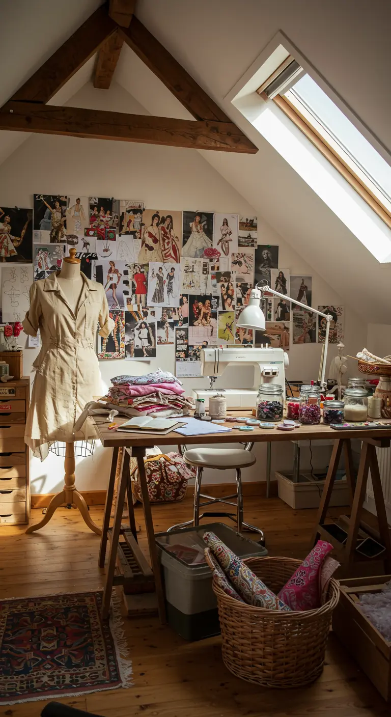 Atelier de styliste sous les combles avec mannequin et mur d'inspiration.