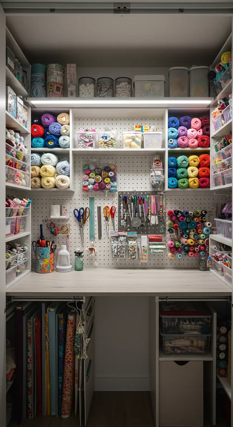 Placard transformé en atelier de loisirs créatifs avec rangements et panneaux perforés.