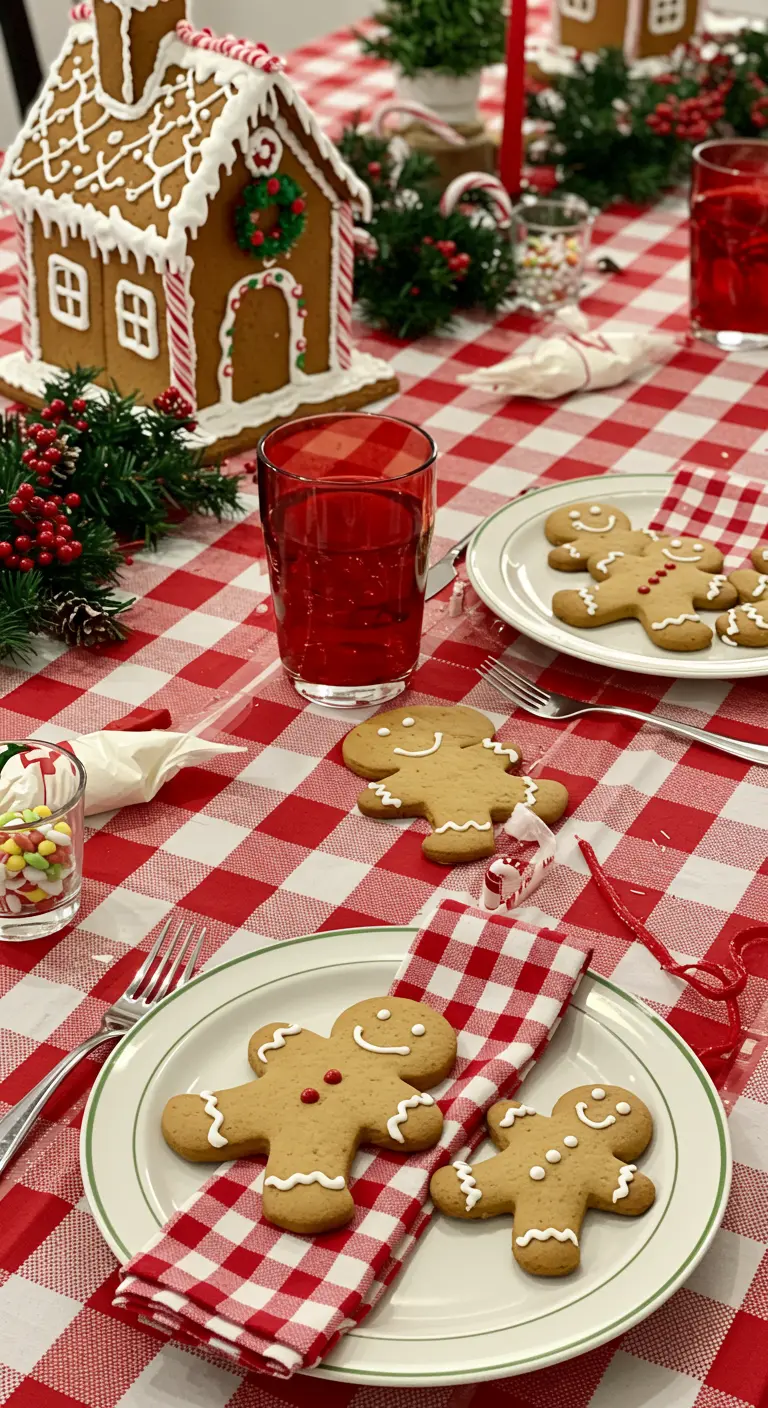 Table de Noël avec nappe à carreaux et des bonshommes en pain d'épices à décorer.