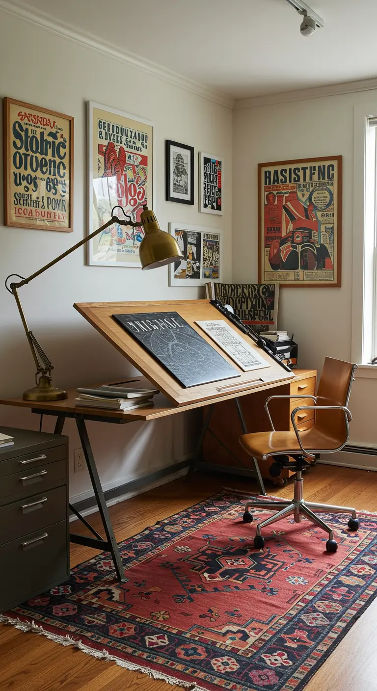 Table à dessin d'architecte avec un mur galerie composé d'affiches graphiques vintage.