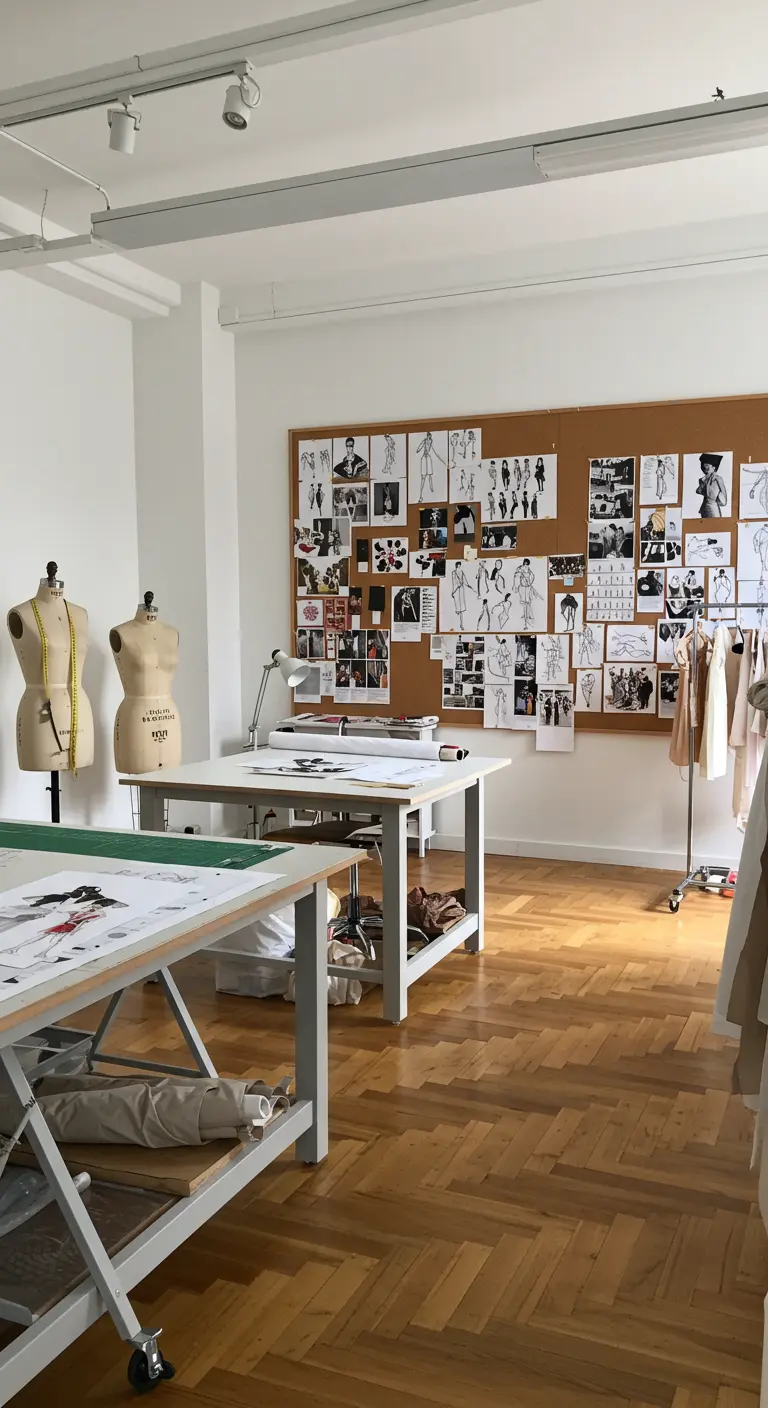 Studio de stylisme avec un grand tableau en liège, des tables de travail et des mannequins.