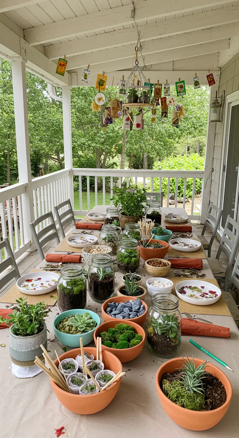 Table d'activité pour créer des terrariums avec pots, terre et plantes grasses.