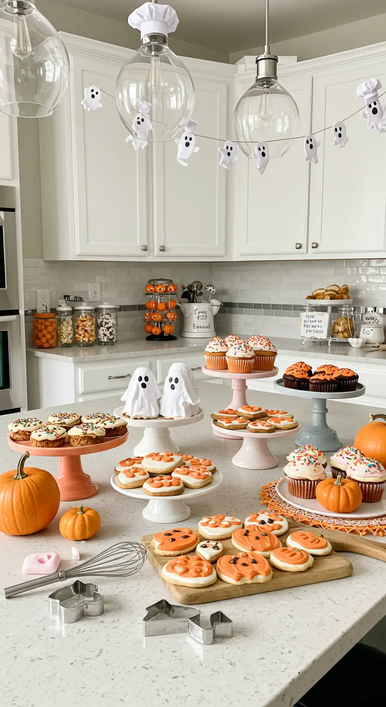 Plan de travail de cuisine rempli de biscuits et gâteaux d'Halloween.