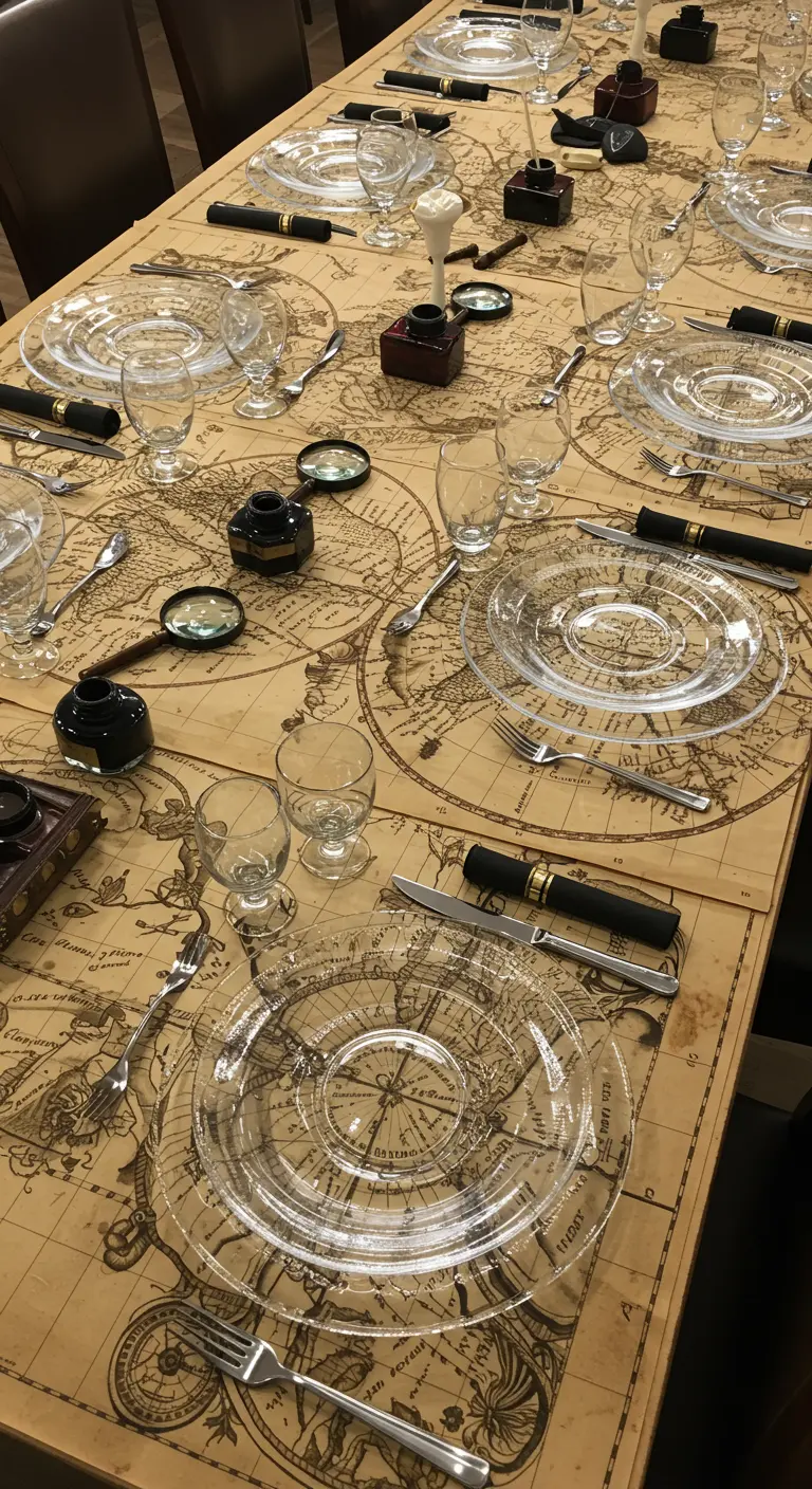 Table dressée sur une nappe carte du monde avec encriers et loupes.