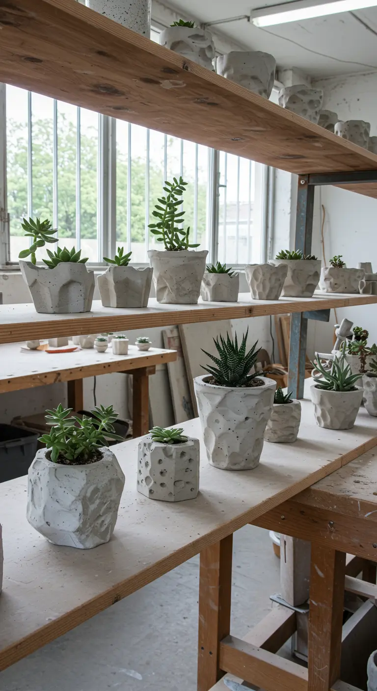 Étagères en bois d'un atelier avec de nombreux pots en béton faits main, aux textures et formes variées, contenant des succulentes.