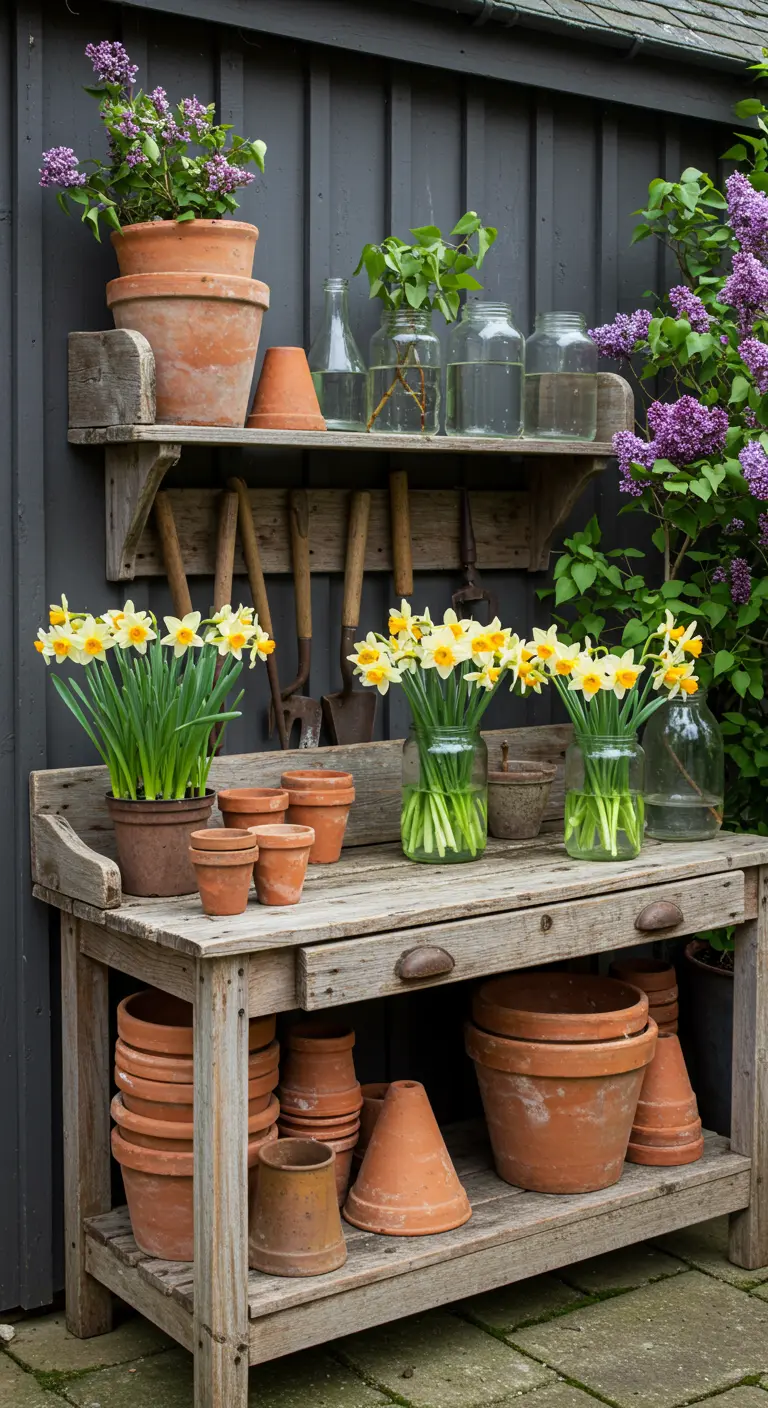 Établi de rempotage en bois rustique avec des pots en terre cuite et des jonquilles.