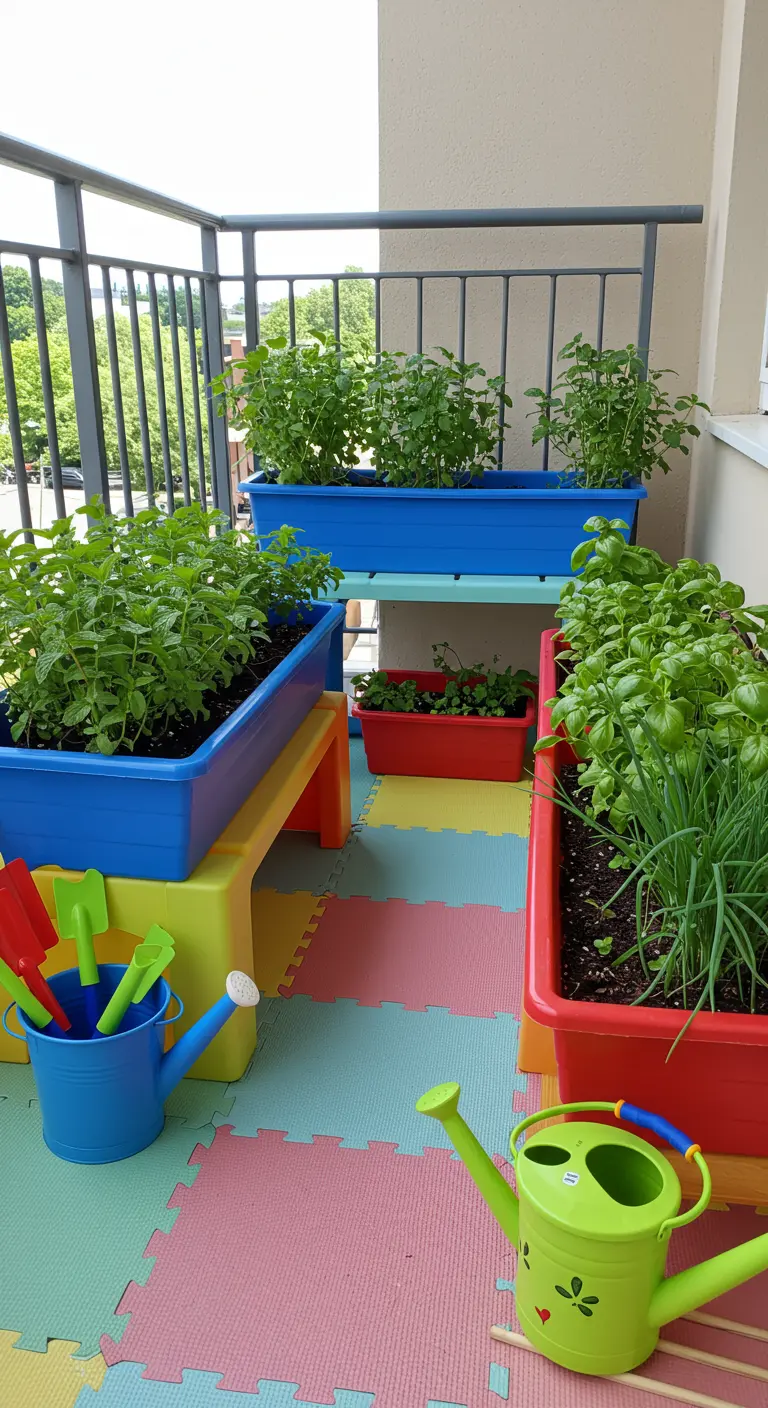 Balcon coloré avec jardinières en plastique bleu et rouge, tapis de sol en mousse et outils de jardinage pour enfants.