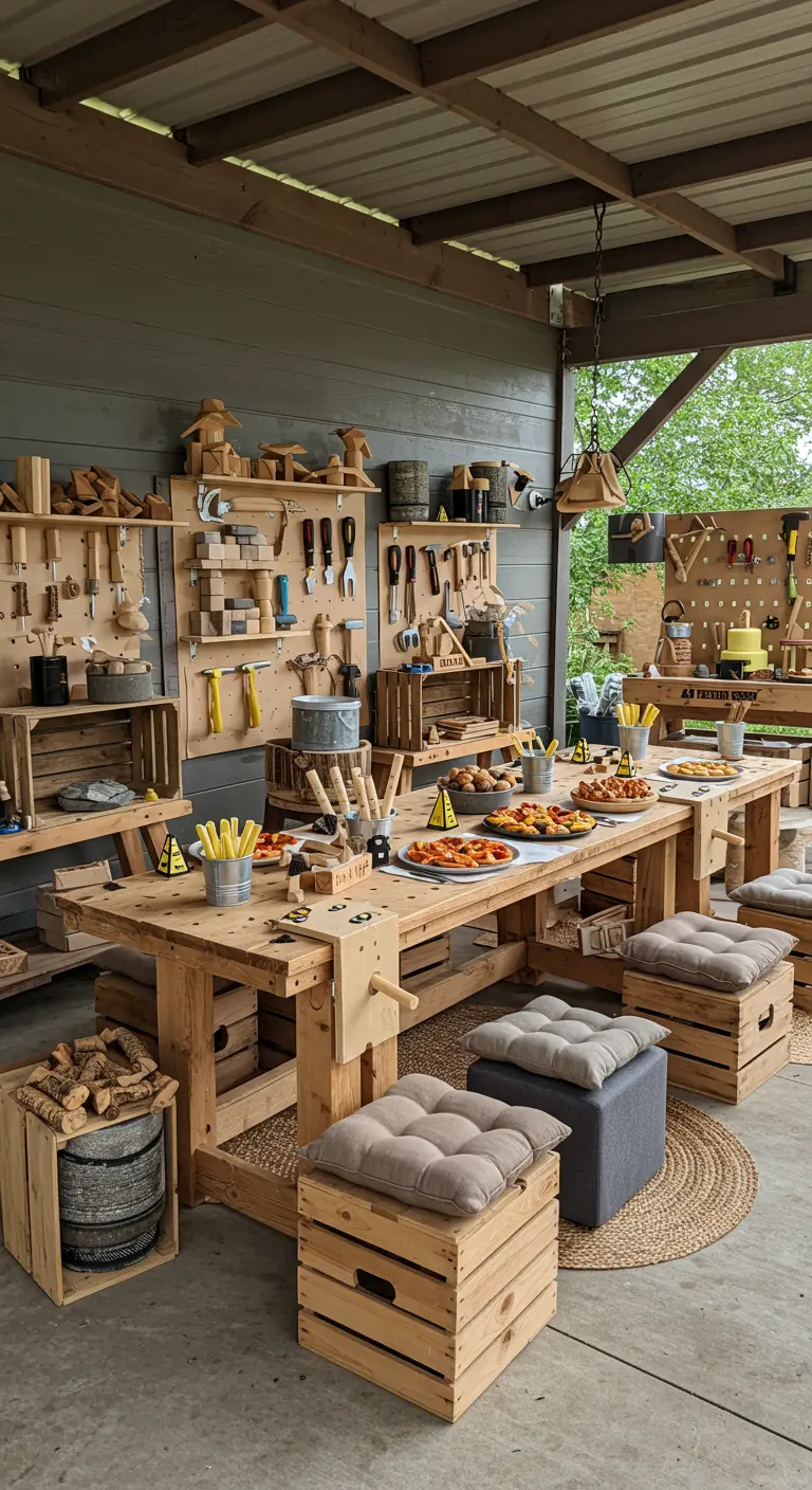Atelier de bricolage extérieur avec établis en bois, outils et caisses pour s'asseoir.