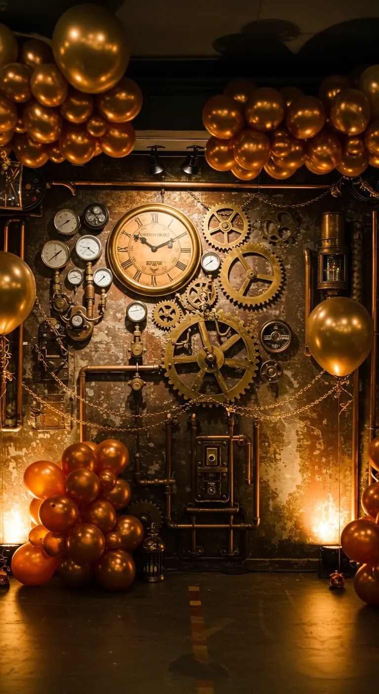 Mur de style steampunk avec une horloge, des engrenages et des ballons bronze.