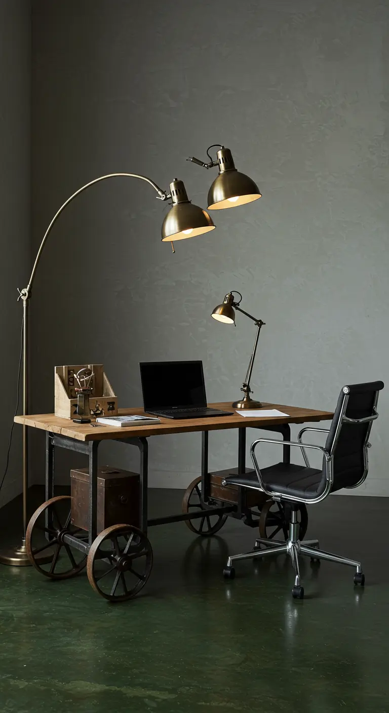 Bureau en bois monté sur de grandes roues industrielles en fonte, éclairé par un lampadaire arqué.