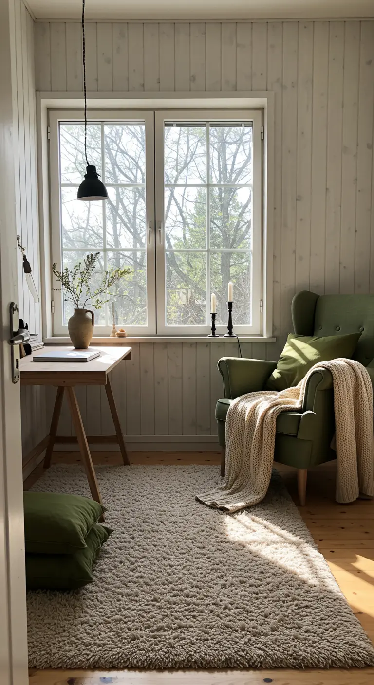 Bureau scandinave avec murs en lattes de bois blanchi, fauteuil vert et plaid douillet.