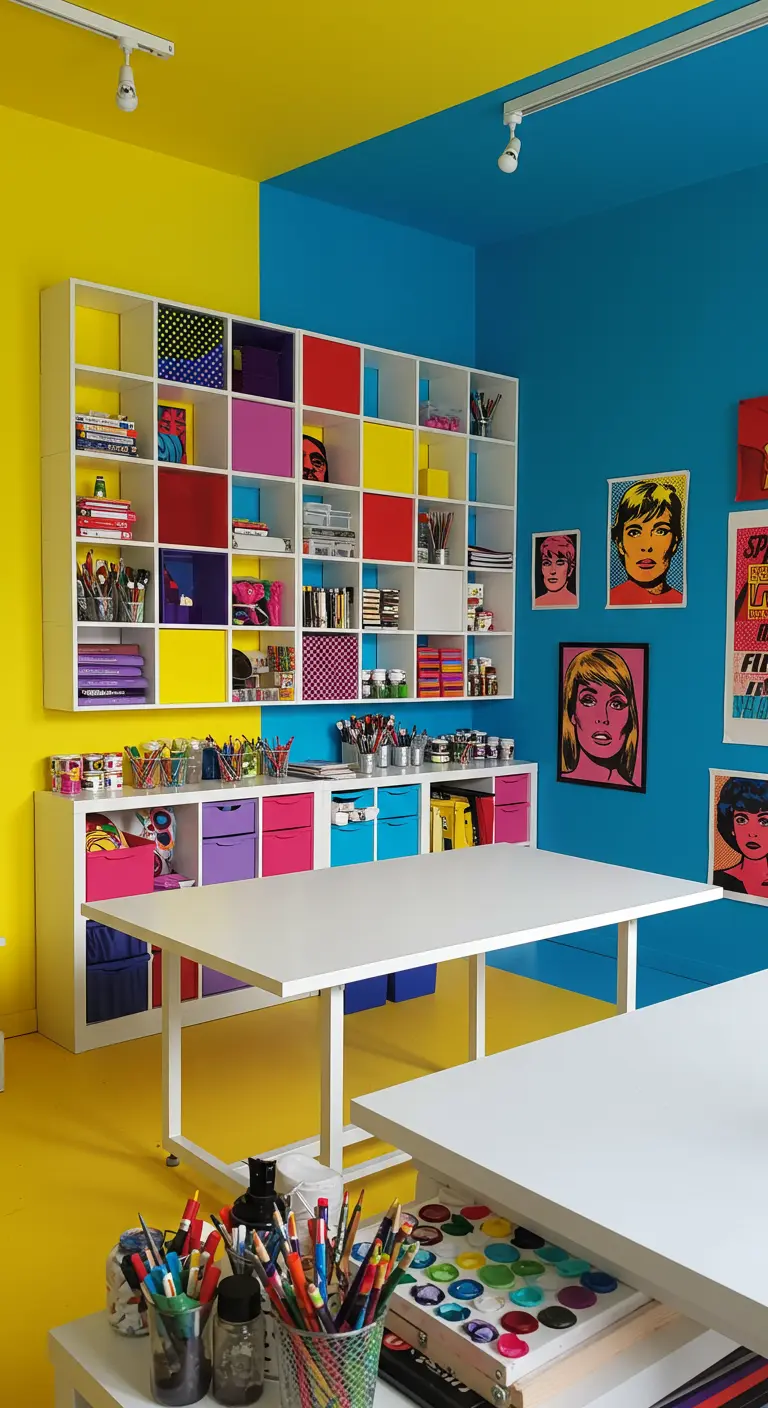 Atelier d'art coloré avec des murs peints en jaune et bleu et une étagère à casiers multicolores.