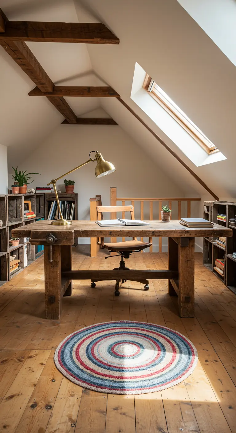 Bureau sous les combles avec un établi en bois, poutres apparentes et tapis circulaire.