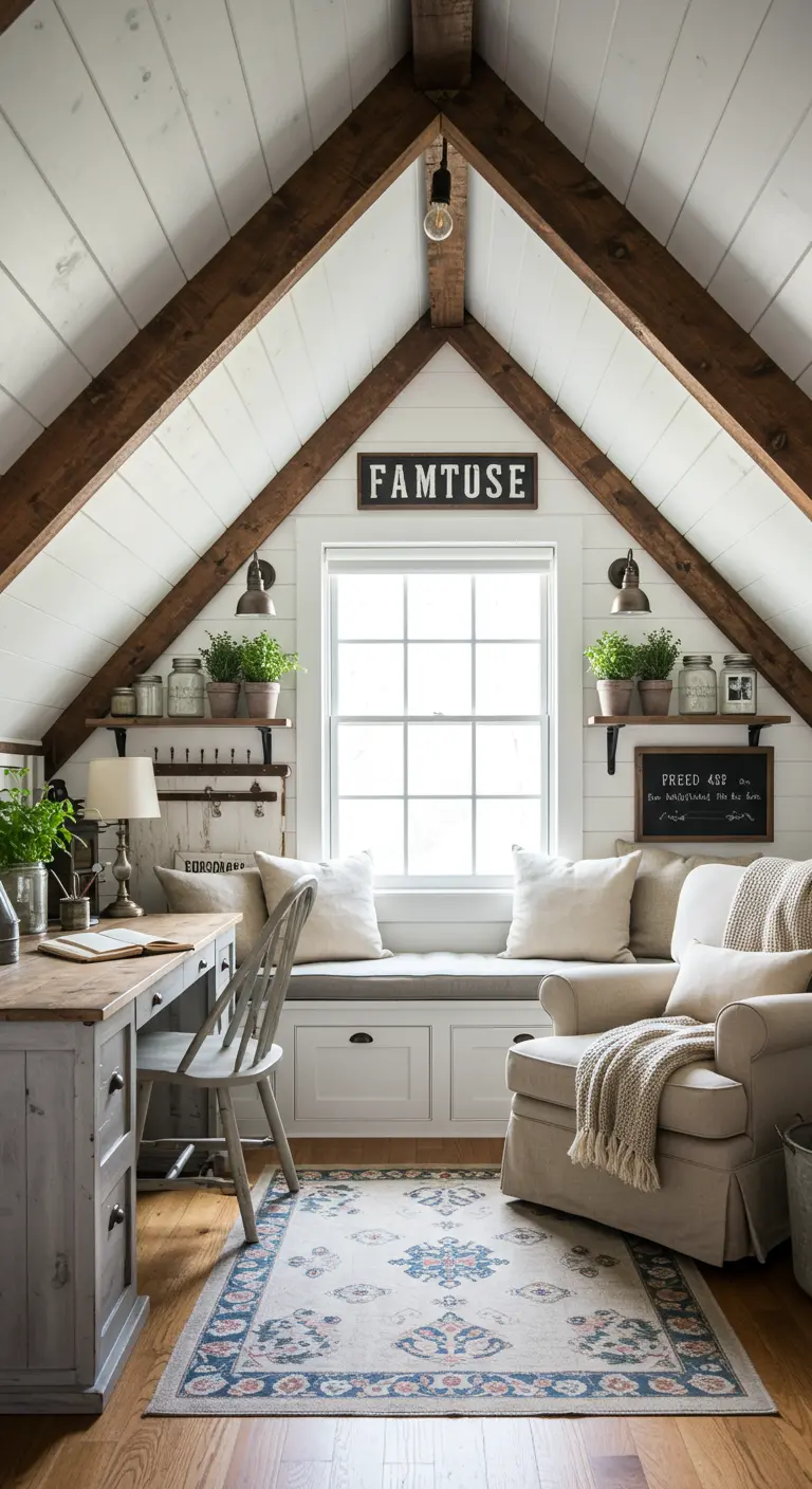 Bureau sous combles avec poutres apparentes, mobilier en bois et banquette