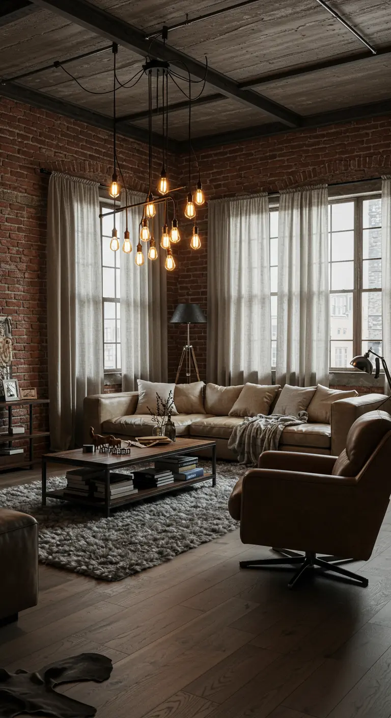Salon industriel avec mur en briques, fauteuil en cuir et tapis épais gris.