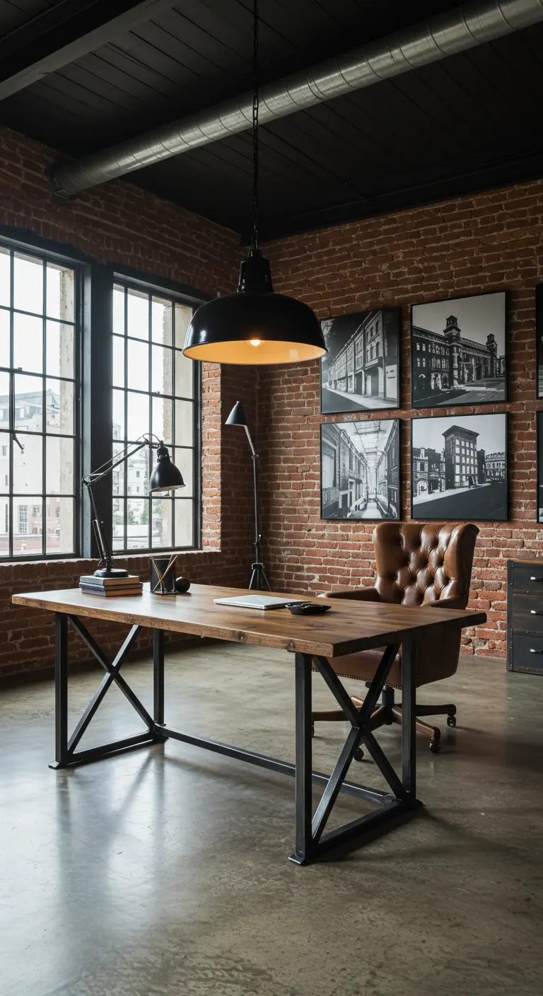 Bureau industriel en bois et métal devant un mur de briques apparentes, éclairé par une suspension.