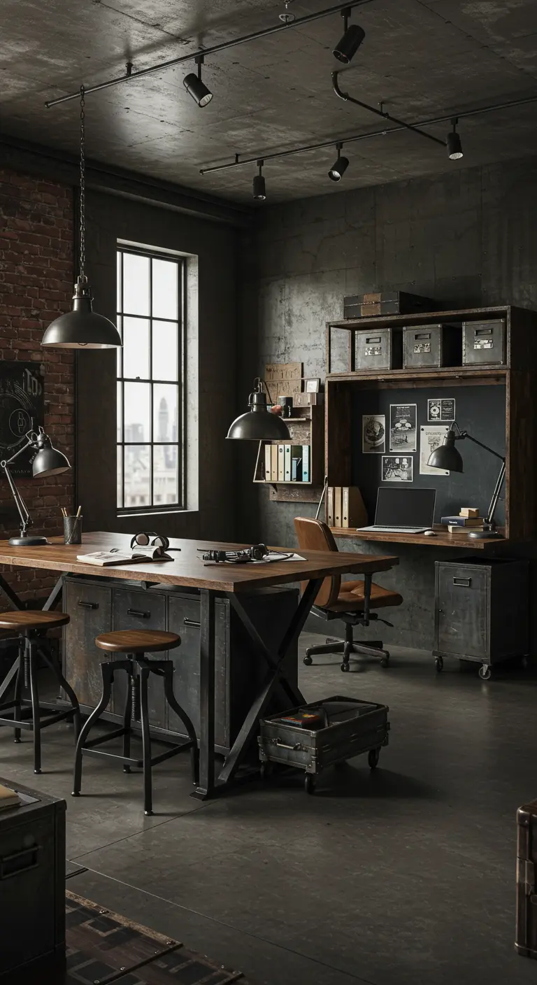 Bureau sombre de style industriel avec tables en bois et métal, suspensions lumineuses