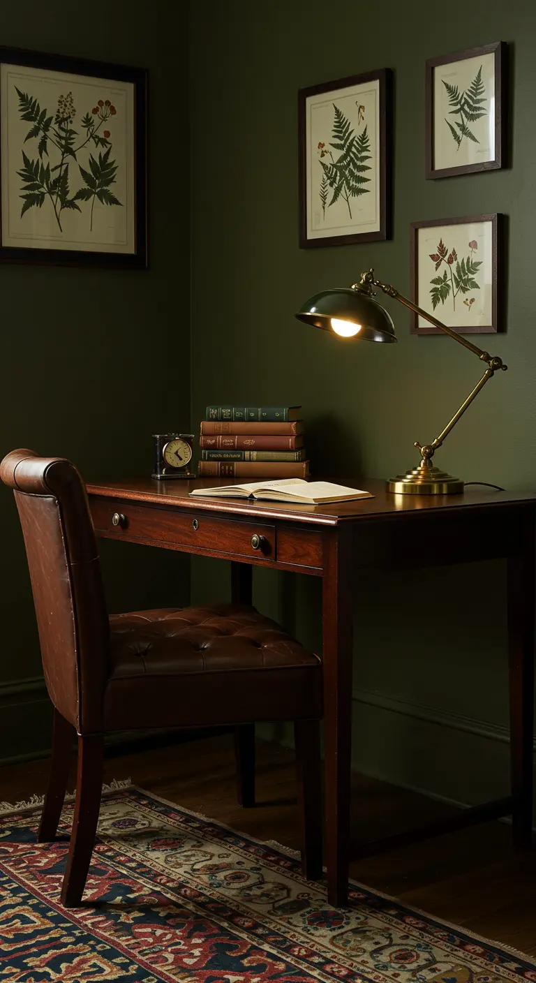Bureau en bois sombre avec une chaise en cuir, dans une pièce aux murs vert foncé et cadres botaniques.