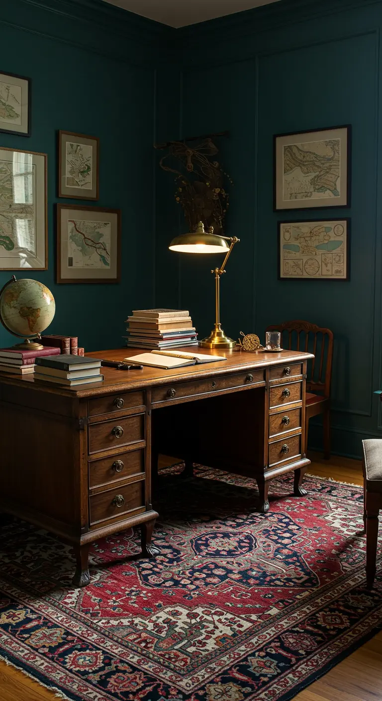 Bureau en bois sombre dans une pièce aux murs bleu-vert, avec globe et cartes.