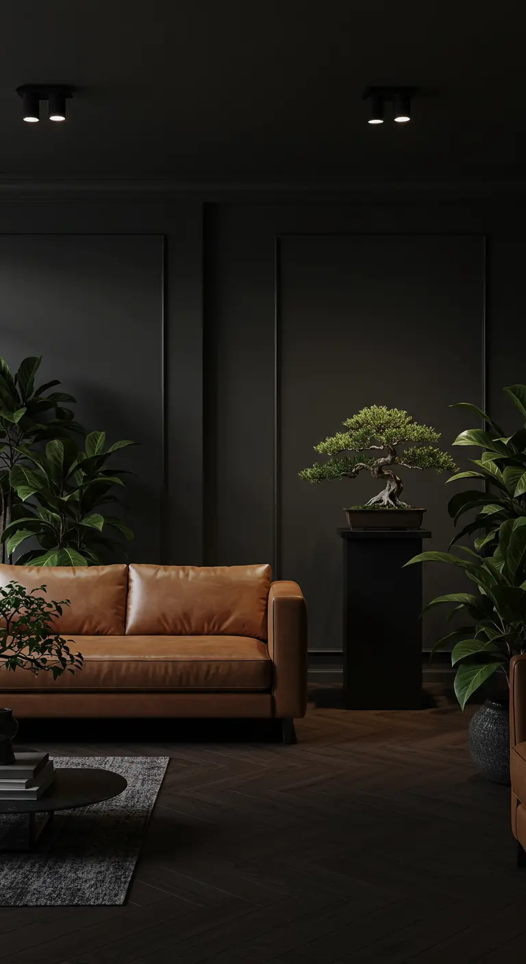 Salon sombre et chic avec un canapé en cuir, des murs noirs et un bonsaï sur un piédestal.