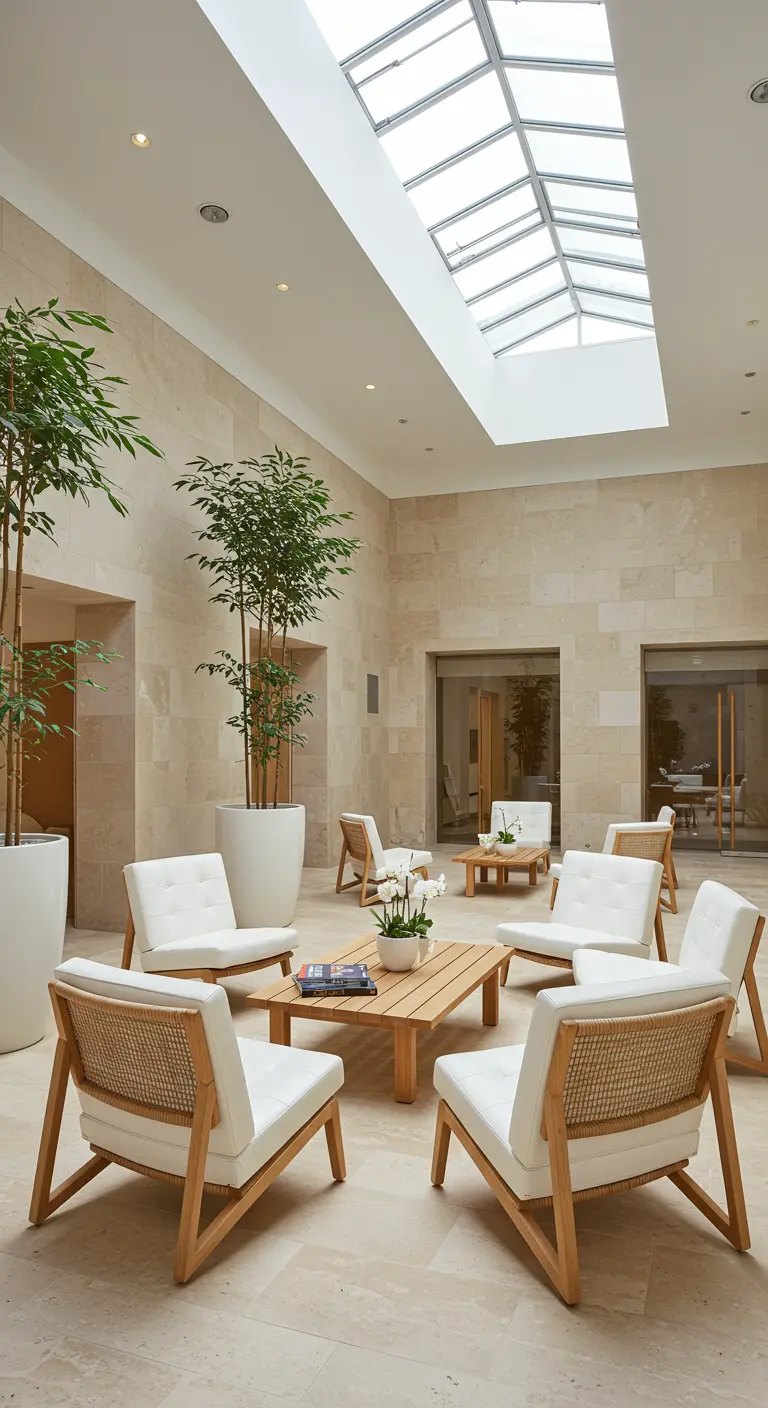 Atrium lumineux avec fauteuils en bois et blanc, tables basses en bois et grands arbres en pots.