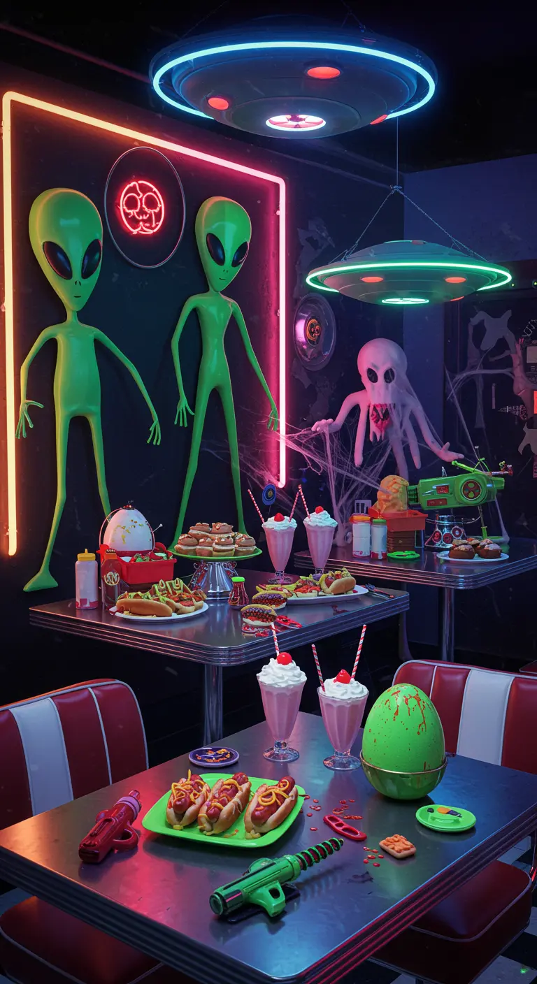 Buffet thème extraterrestre dans un diner rétro, néons, aliens, milkshakes, hot-dogs.