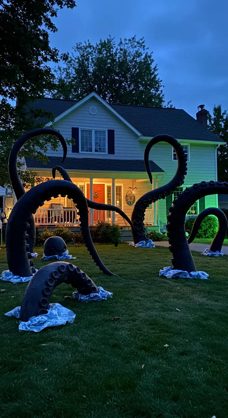 Tentacules de kraken géantes sortant de la pelouse d'une maison de banlieue.