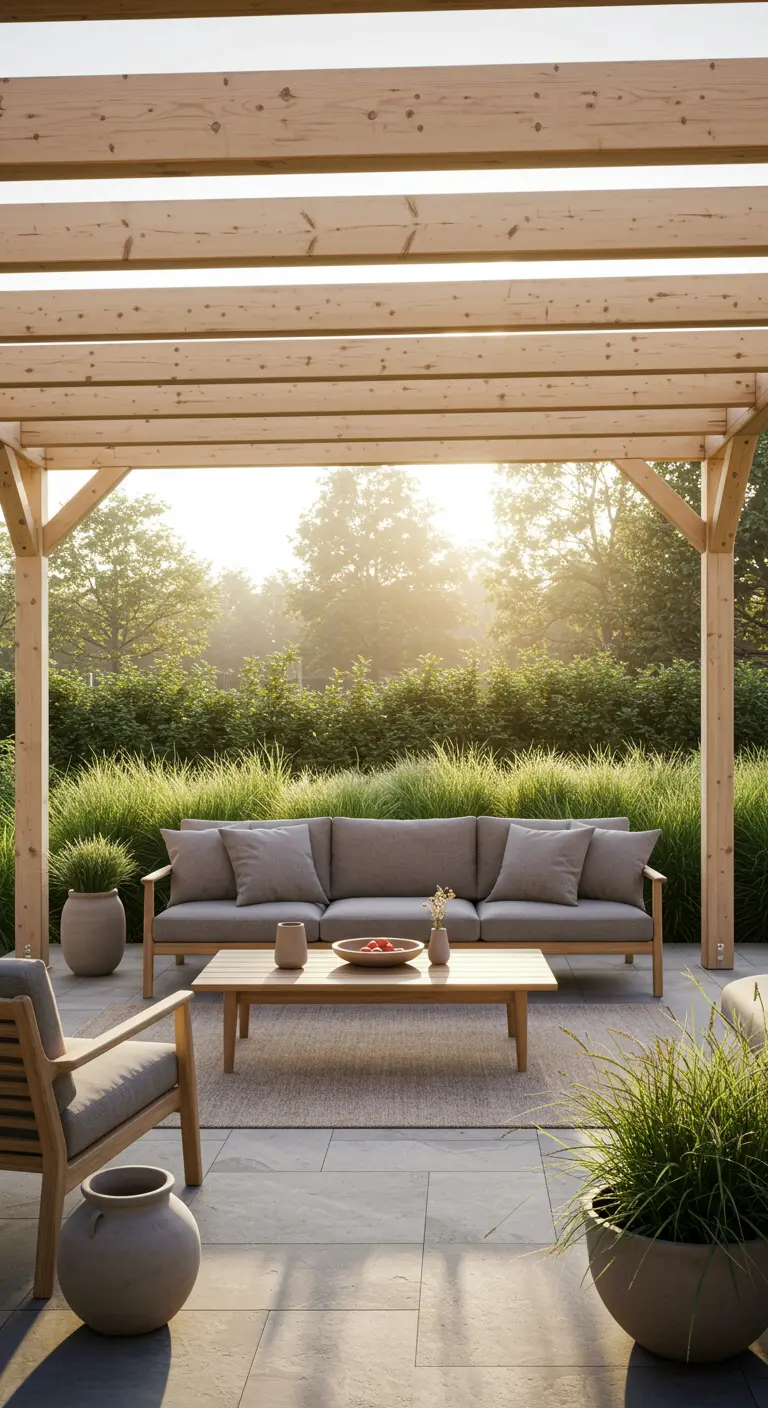Pergola en bois clair avec canapé gris devant une haie de graminées au lever du soleil.