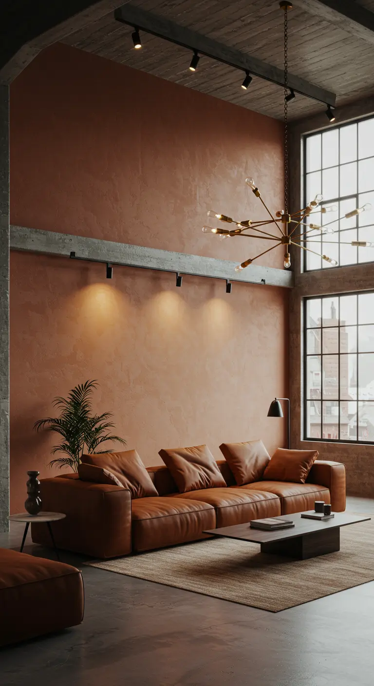 Salon de style industriel avec un grand mur texturé terracotta et un canapé en cuir.