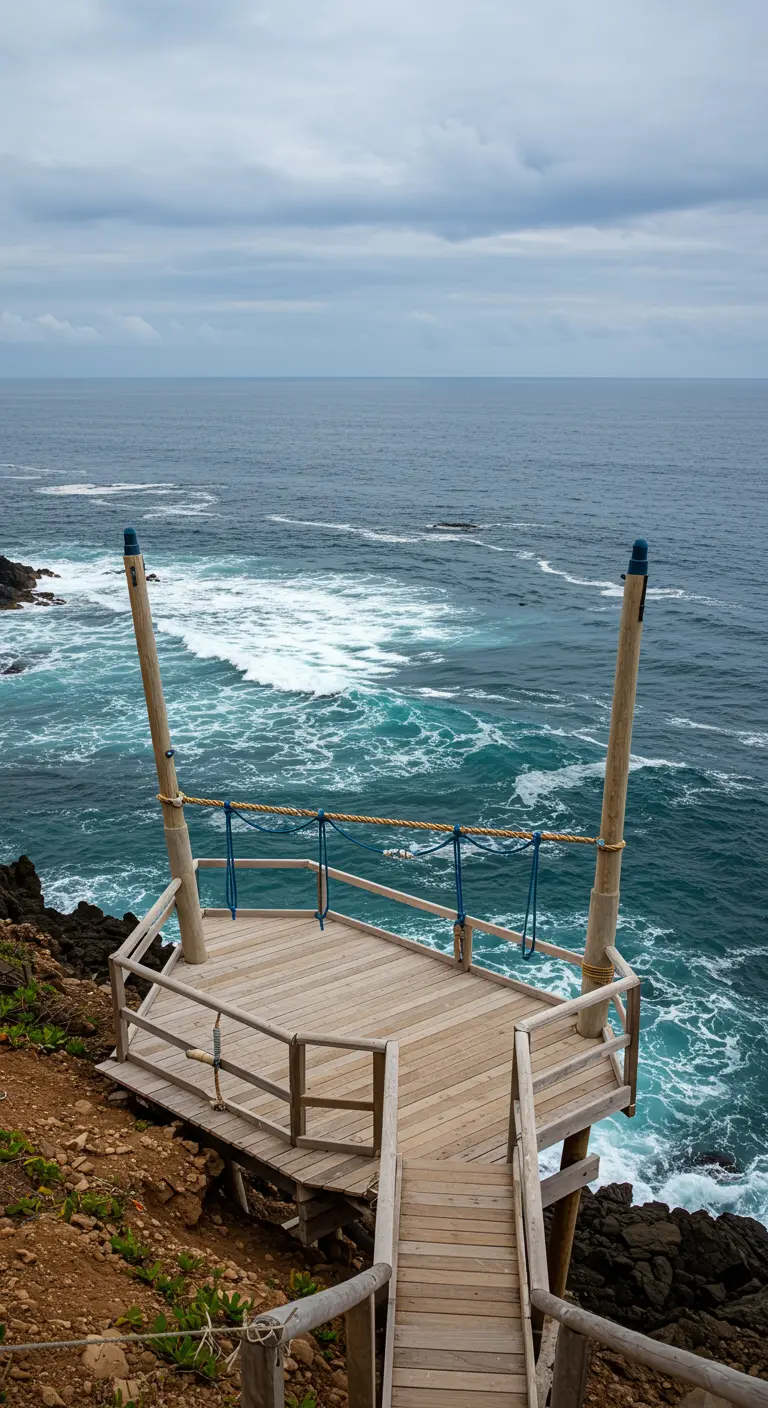 Plateforme en bois avec deux balançoires simples en bois et corde bleue, suspendues au-dessus d'une falaise surplombant l'océan agité.