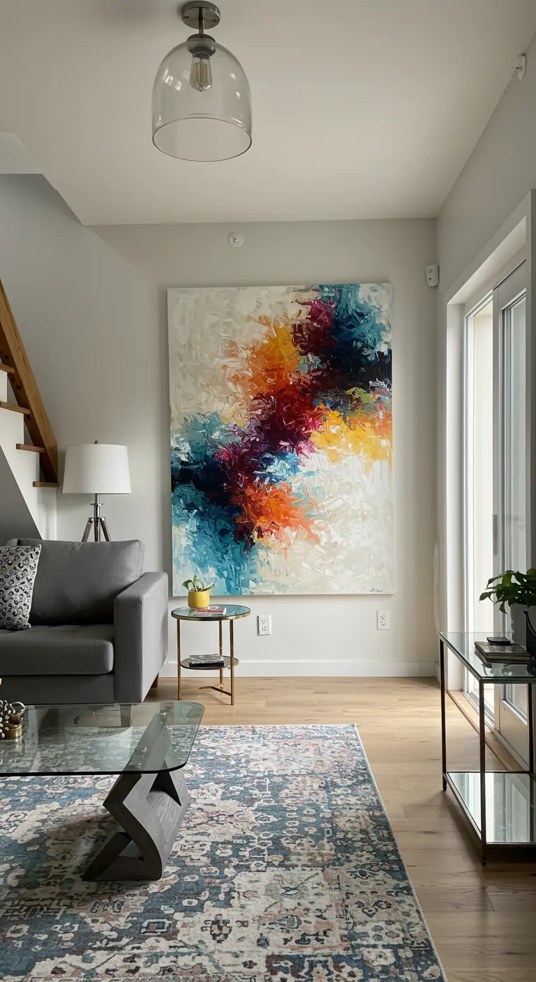 Grande toile d'art abstrait coloré accrochée dans un petit salon moderne.