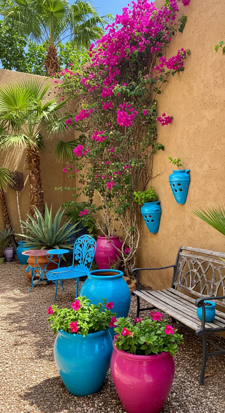 Patio en gravier avec de grands pots fuchsia et turquoise, une bougainvillée grimpante et des chaises bleues.