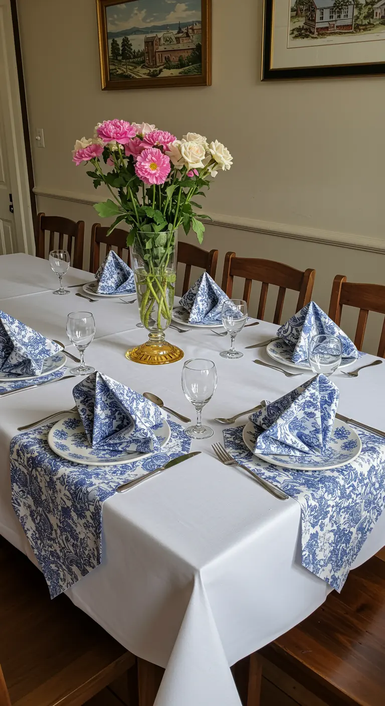 Table classique avec vaisselle et serviettes à motifs floraux bleus et blancs.