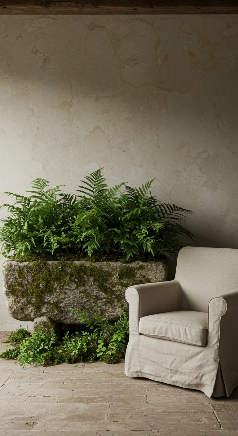 Une vieille auge en pierre couverte de mousse, remplie de fougères, à côté d'un fauteuil en lin.