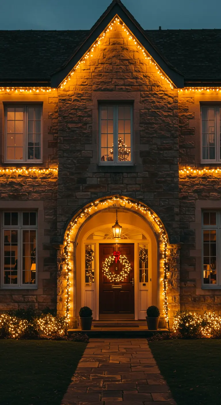 Maison en pierre décorée de guirlandes lumineuses chaudes autour du toit et de l'entrée.