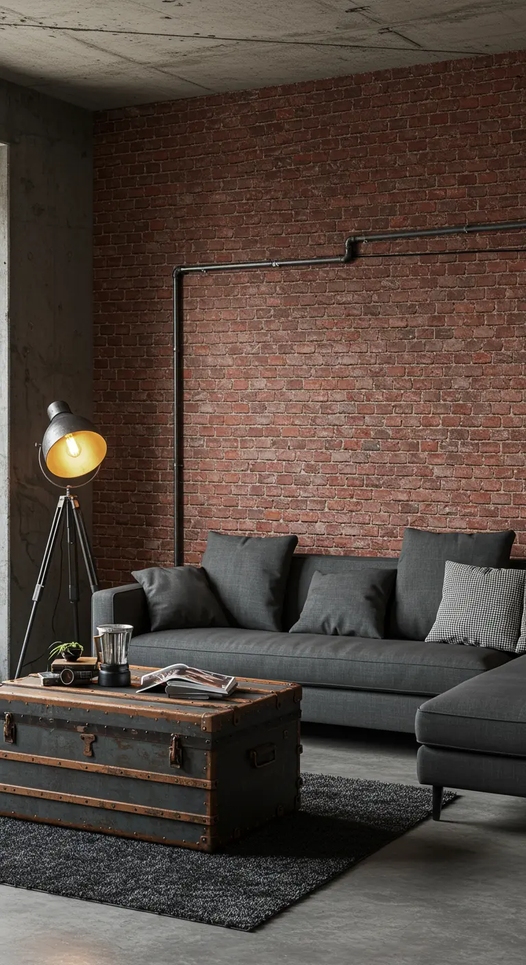 Salon de style industriel avec un mur d'accent en briques rouges et un canapé gris foncé.