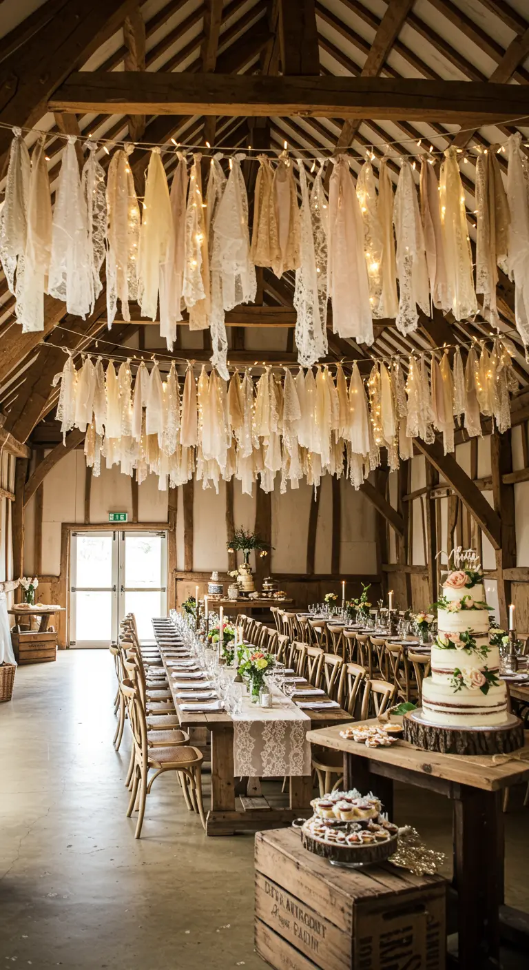 Fête dans une grange avec tissus drapés, guirlandes lumineuses et longues tables en bois.