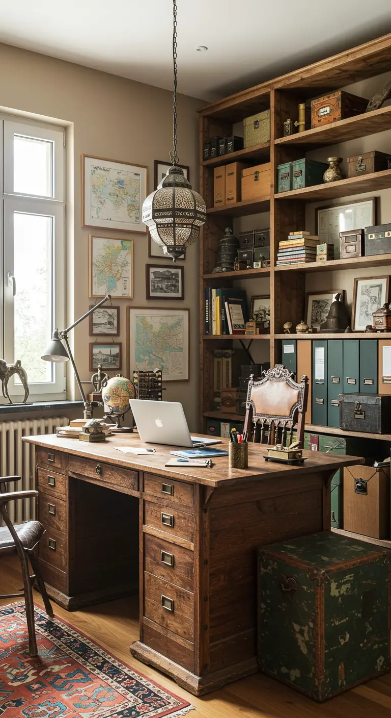 Bureau globe-trotter avec bureau en bois ancien, bibliothèque remplie de livres et cartes murales.