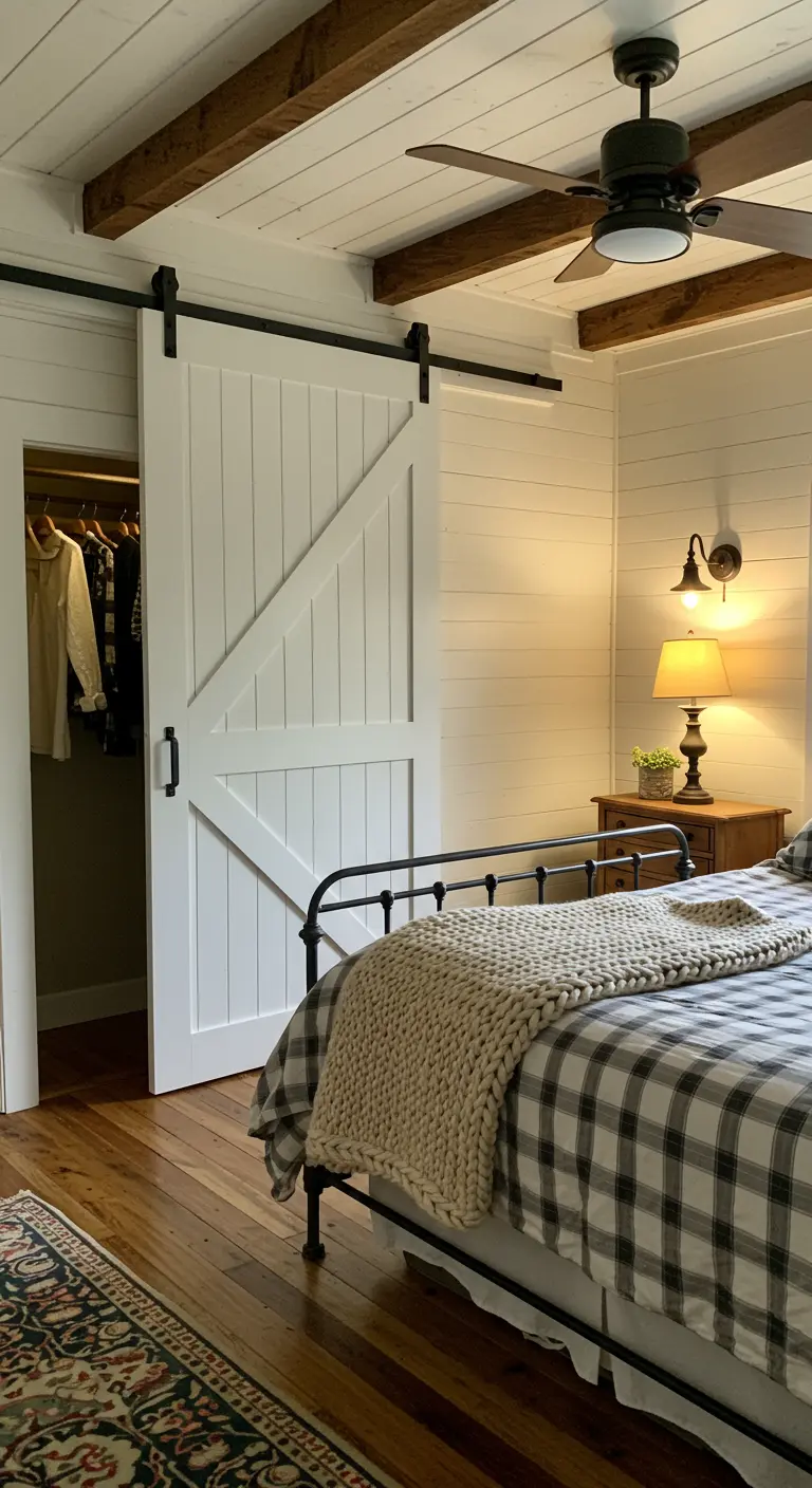 Porte de grange coulissante blanche servant de porte de placard dans une chambre rustique.
