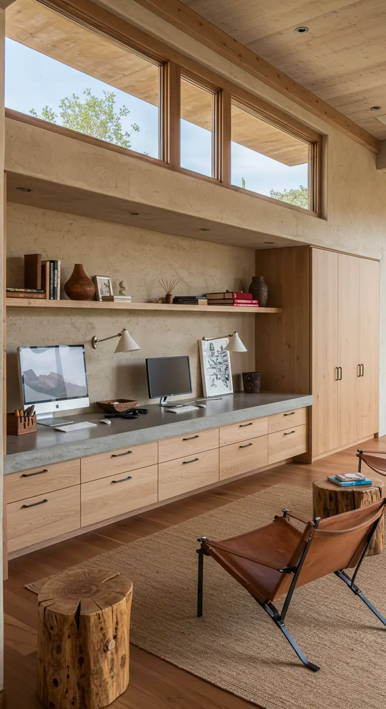 Bureau double avec un plan de travail en béton et des murs texturés beiges.