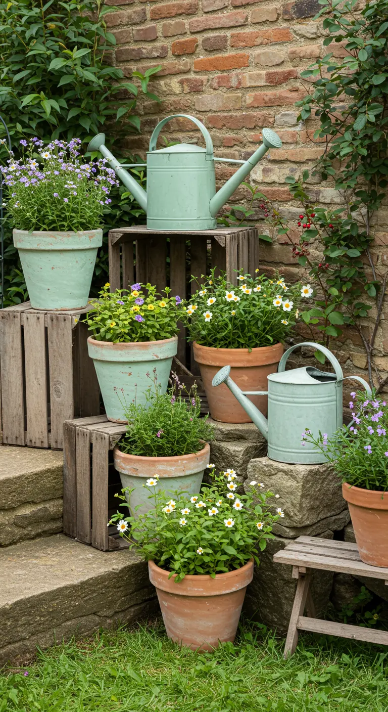 Pots en terre cuite de tailles variées avec des arrosoirs verts dans un jardin champêtre