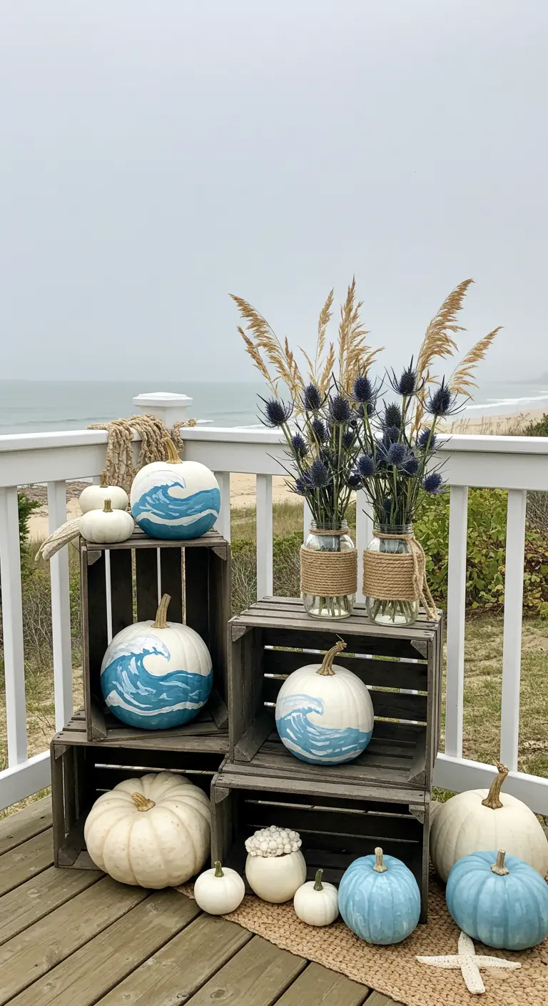 Décor de terrasse côtier avec des citrouilles blanches peintes de vagues bleues.