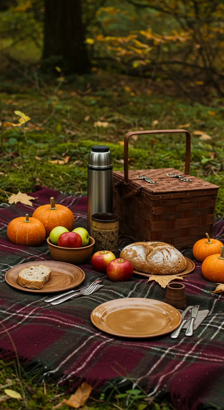 Pique-nique d'automne avec un plaid écossais, des pommes et des citrouilles.
