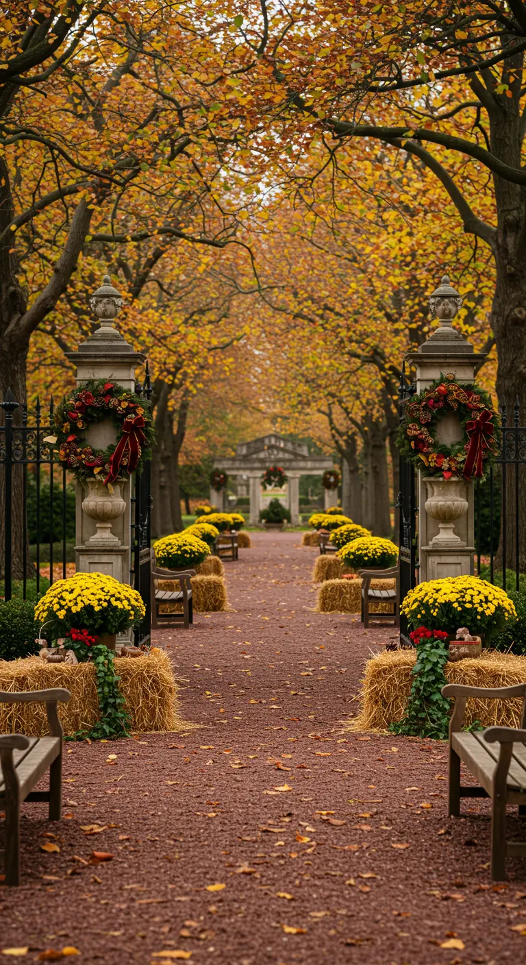 Allée de jardin grandiose bordée de bancs en bois, bottes de paille, chrysanthèmes et couronnes sur les piliers d'entrée.