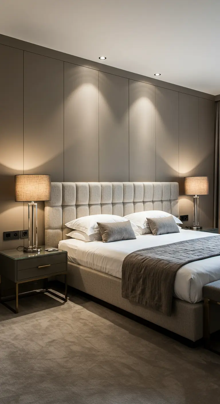 Chambre symétrique avec tête de lit capitonnée et deux lampes identiques.