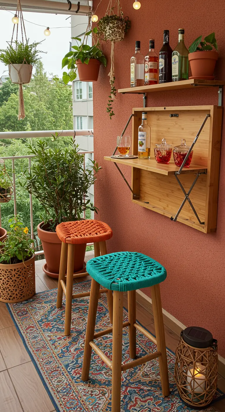Petit bar mural rabattable sur un balcon coloré avec des tabourets en macramé.