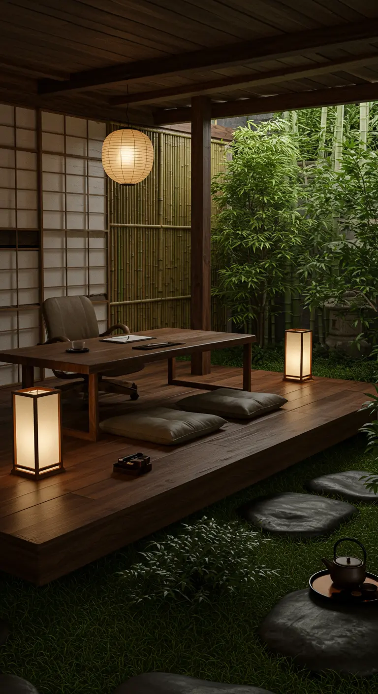 Bureau extérieur de style japonais sur estrade en bois, avec bambou, galets et lanternes.