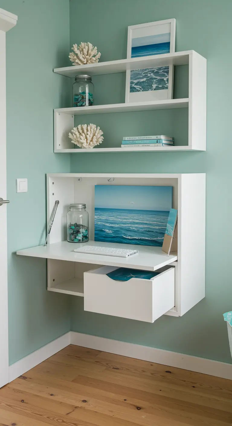 Secrétaire mural blanc sur un mur vert d'eau, décoré avec des coraux et des cadres marins.